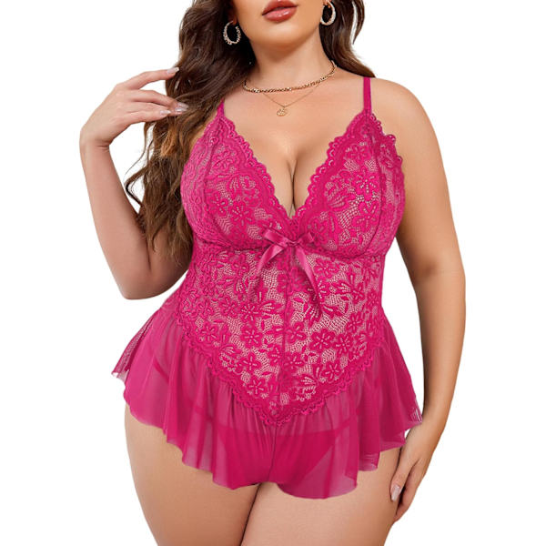dlove Plus Size Lingerie för kvinnor Spets Bodysuit One Piece Teddy Babydoll Mesh Chemise V-ringad Nattkläder L-4XL Ros Röd 4X-Large
