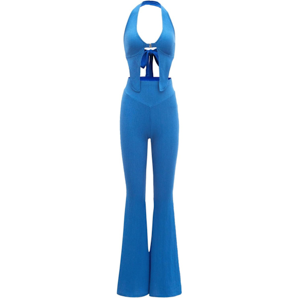 dusa Dam 2-delade outfits Tie Back Crop Halter Top och vida benbyxor set Blå X-Large