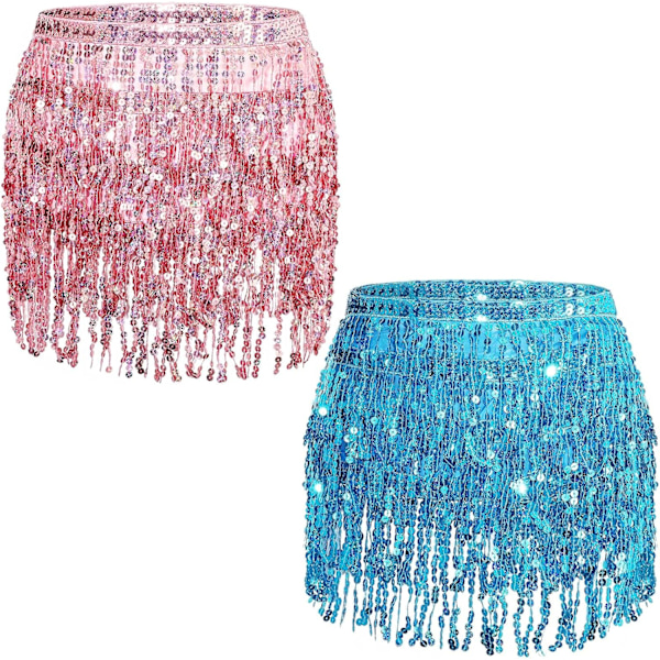 uin Fringe Kjolar Magdans Kjol Festival Tassel Kjol Höftsjal Wrap Outfit Kostymer för Kvinnor och Flickor Rosa, Sjöblå