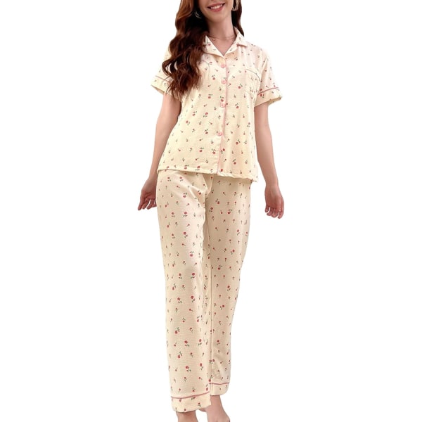 dusa Dam 2-delad tryckt pyjamas set nattkläder knapp upp skjorta med byxor blommig beige medium