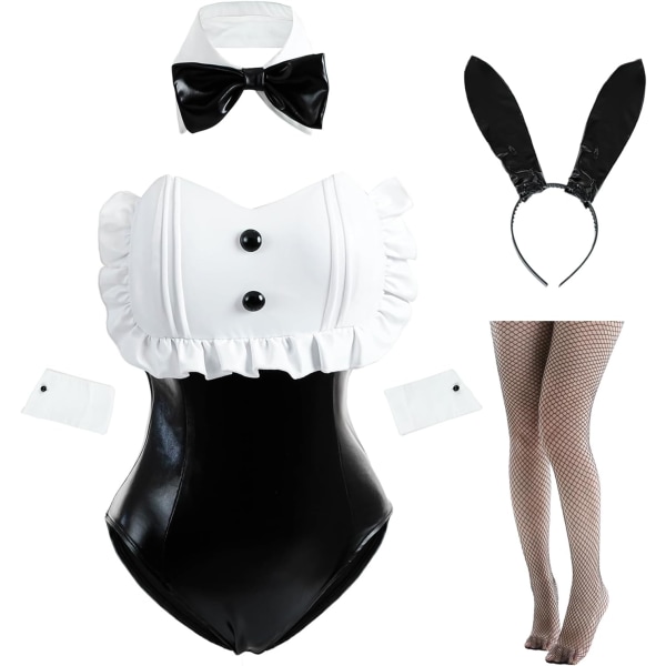 KK Bunny Suit Dam Bunny Cosplay Kostym Senpai Maid Outfit Body Svart och vit Liten