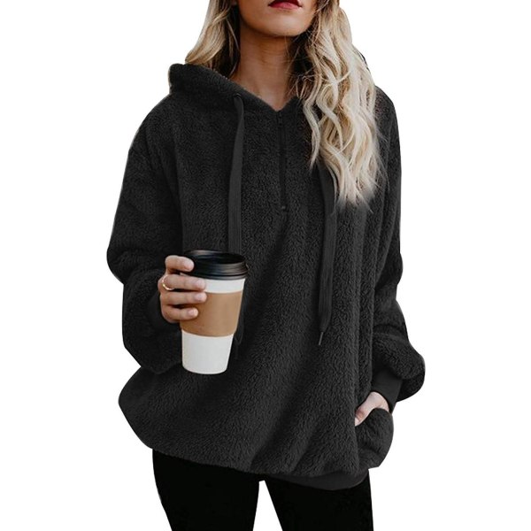 ekop Dam Sherpa Pullover Fuzzy Fleece Sweatshirt Oversized hoodie fickor Svarta Små