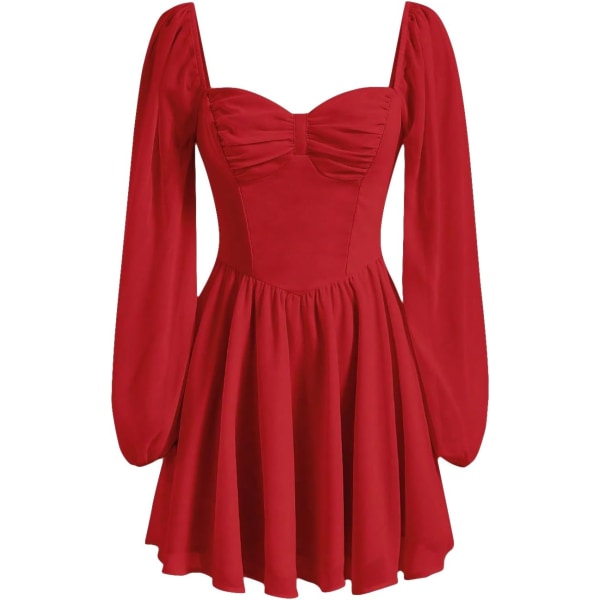 dusa Dam långärmad klänning med hjärtformad halsringning, lyktärmar, rynkad byst och volangkant, röd, XS