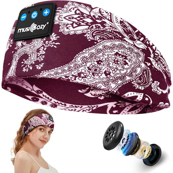 ICOZY Sleep Headphones Bluetooth 5.2 Hörlurar Huvudband Hörlurar Mjuk Boho Musik Huvudband med HD Stereoljud, Tech Gåvor för Män Kvinnor Tonåringar, Återanvändbara Hörlurar för Sömn Yoga Sport Fitness Relax(Röd)