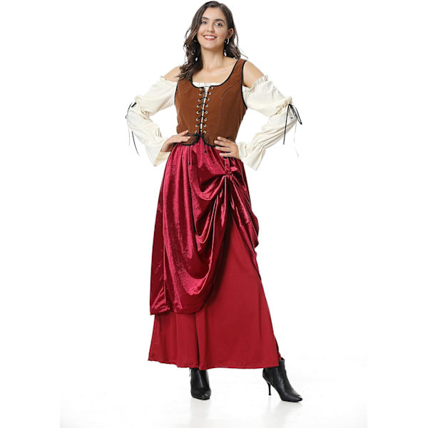 orful House Plus Size Medeltida Klänning, Renässans Prinsessklänning för Kvinnor Gul/Röd(2pcs X-Large
