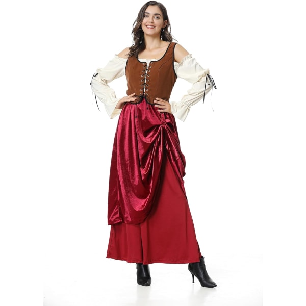 orful House Plus Size medeltida klänning, renässansprinsessdräkt för kvinnor Gul/röd (2st Large