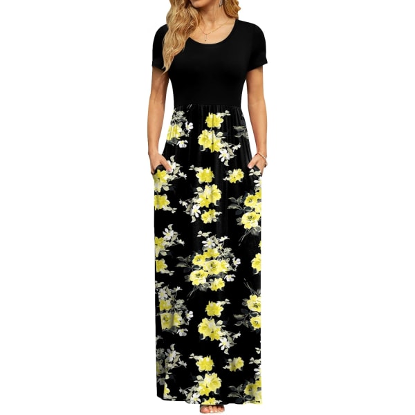 MOON kortärmade maxiklänningar för kvinnor Casual Empire Midja lång klänning med fickor Gul blommig B 3X-Large