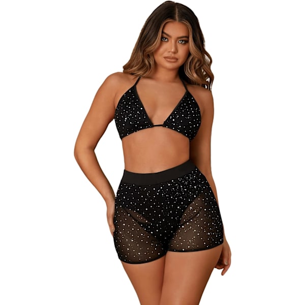 dusa Dam 2-delat outfit Glittrande mesh crop top och shorts set Svart Stor
