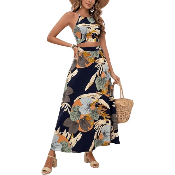 dusa Kvinnor 2-delade Outfits Tropical Print Crosscross Tie Back Cami Top and Split Maxi Beach Skirt Set Black Multi Medium