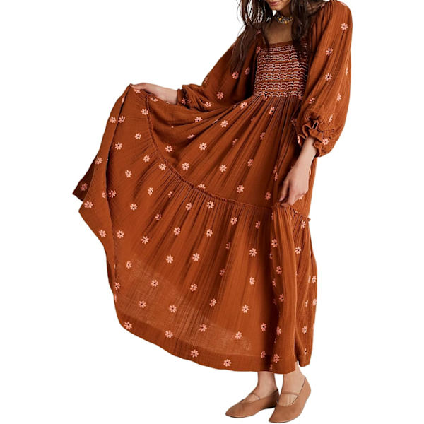 ivimos Dam långärmad bomull Boho Midiklänning Vintage fyrkantig hals Blommig broderad Tiered Ruffle Flowy fickor Dre Rostbrun Medium
