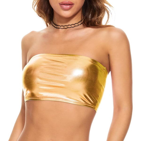 ielzana Metallic Crop Top glänsande axelbandslös tub-bh för damer för dans, raves, festivaler, kostymer Gold Large