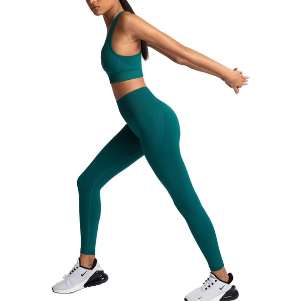 en's träningskläder 2 delar yogasett gymövning sömlösa yogaleggings med sport-bh fitness aktivkläder, grön stor