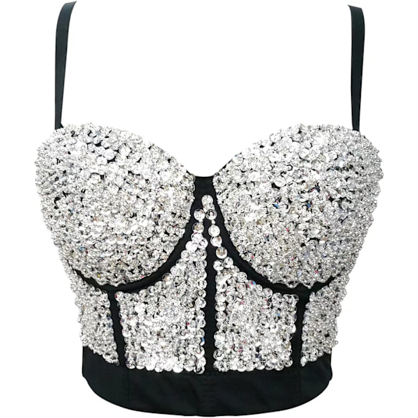 en's Bustier Crop Top Mesh Corset Top Push up Rhinestone Diamond Bra Club Party Vest #8 Silver Large
