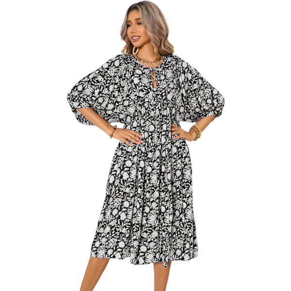 ivimos Dam Sommar Casual Midi Klänning Lykta Ärm Slips V-Hals Boho Blommig Tryck Lös Passform Flytande Långa Klänningar Svart X-Large