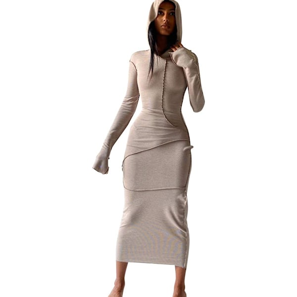 Kvinnors sexiga långärmade bodycon enfärgad huvtröja lapptäcke hög midja lång klänning kaffe XX-Large