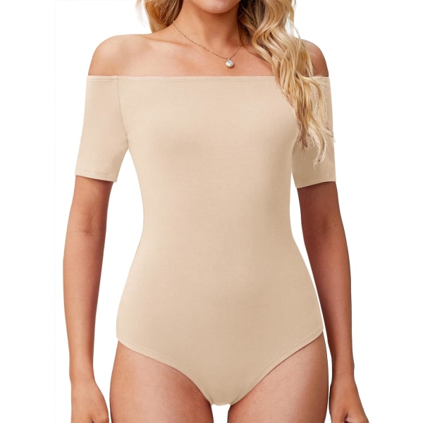 ALSI Off Shoulder Bodysuit för kvinnor Kortärmad Slim Fit Casual Basic Body suit Toppar T-shirts Nude Medium