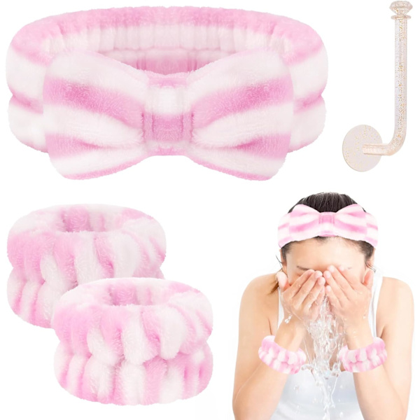 ETIA Ansiktsrengöringshuvudband och handledsband Set, handledsvättlappar för att tvätta ansiktet med hållare Mikrofiber handledsband för tvätt F Rosa Vit Frin