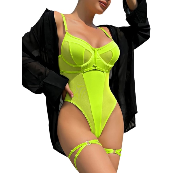 i&Shi bygel sexig topp, snäpp i grenen, benremmar, rygglös stringtrosa Bodysuit Neon Green 16