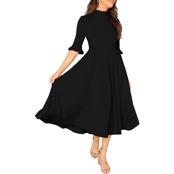 dusa Dam Elegant Ribbed Knit Bell Sleeve Fit and Flare Midi Dress Black Small