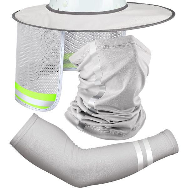 ieces Hård Hatts Solskydd Bandana Hårband Sol Ansiktshalsduk, UV Solskydd Armärmar med Reflekterande Rem Ljusgrå