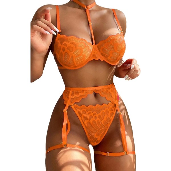 osy Sexig Choker Blommor Spets Bygel Push Up Strumpeband Bälte Underkläder Set för kvinnor Skir BH och trosa 3 delar Orange Stor