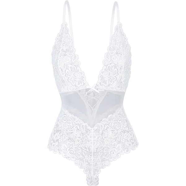 EXY Lingerie för kvinnor Sexig spets Teddy Bodysuit Genomskinlig Blommig Mini Babydoll Djup V-ringad Underkläder En del Vit 4X-Large