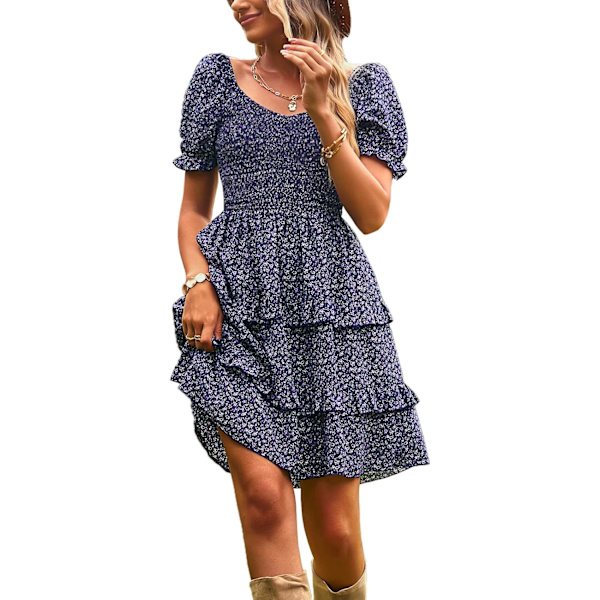 EN Kvinnors Klänningar Casual Sommar Print Volang A Linje Kortärmad Miniklänning Blommig Klänning för Kvinnor 1-5 Royal Blue Medium