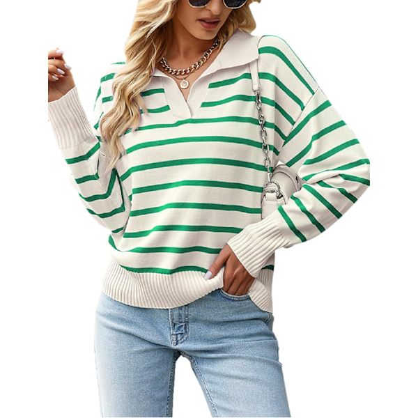 Randig pullover tröja polo V-ringning casual lös färgblock lätt långärmad stickad höstskjorta toppar grön medium