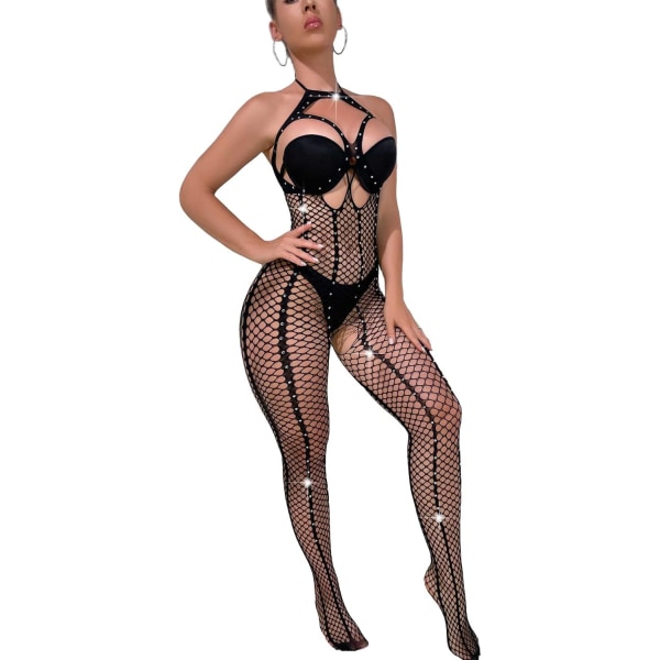 sv Lingerie Fishnet Babydoll Sexiga Strumpor Stretch Halter Chemise Kvinnor Sexig Fishnet Lingerie Bodysuit Sexig Set Svart-s