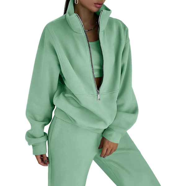 MEA Dam Fleece Tvådelad Outfit Halv Zip Sweatshirt och Joggers Byxor Set Träningsoverall Grön,Rosa Medium