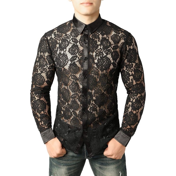 OYAA Nattklubbsstil för män mesh långärmad knappad sexiga spetsblommiga klänningskjortor Zlcl07-02-svart Liten