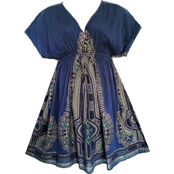 ot Boutique 119 - Plus Size Dashiki printed Babydoll Cover-Up Vacation Dress Blue Gold 3X