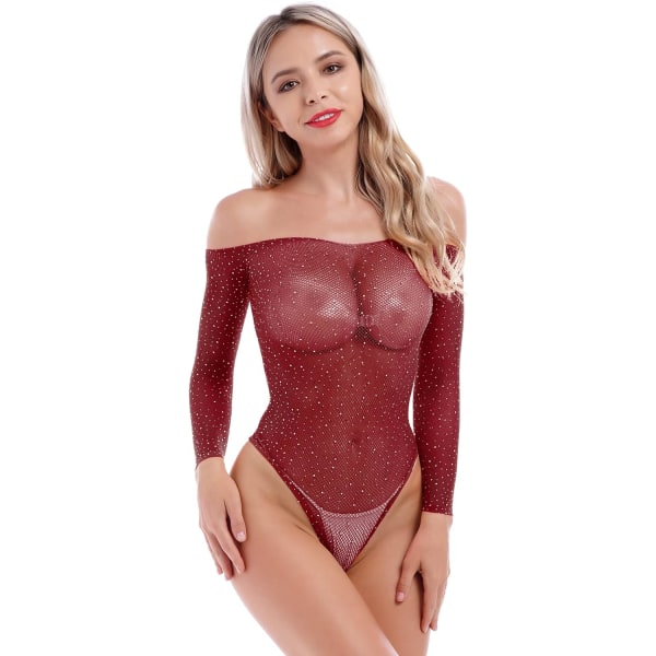 KIS Dam Sexig Sparkle Rhinestone Teddy Fishnet Långärmad Bodysuit Topp En Del Sheer Mesh Lingerie Off Shoulder Outf Vinröd En Storlek