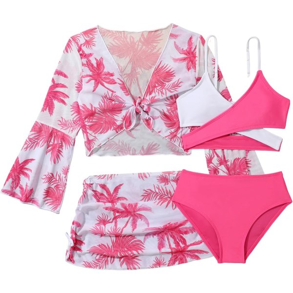 dusa Flicka 4-delad baddräkt Crisscross Bikini Set med tropiskt tryck Cover Up Hot Pink 12 år