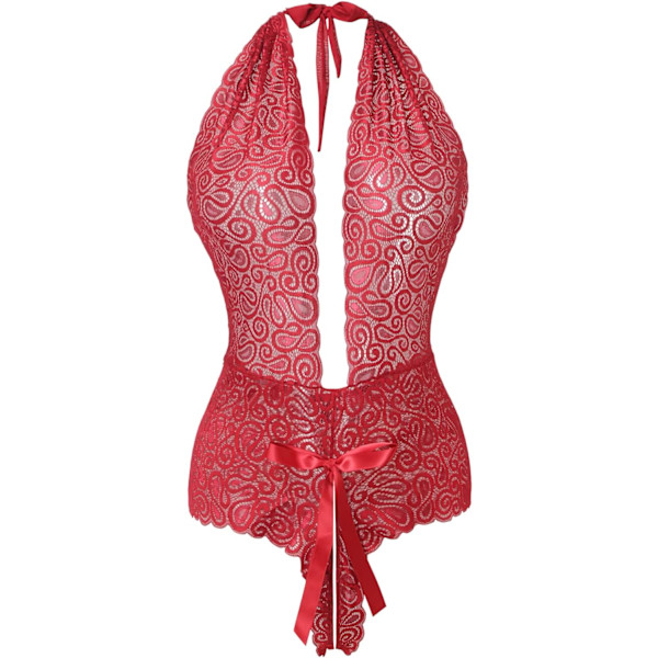 ens Halter Plunging Teddy Lingerie Floral Lace One Piece Sexy Bodysuit Mini Babydoll Negligee för Boudoir Outfits Vinröd Stor