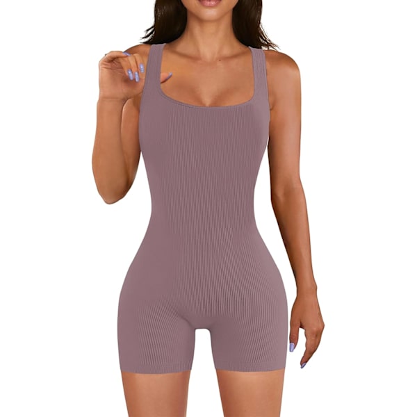 NOCEL Dam Ribbad Ärmlös Tank Bodycon Romper Kort Yoga Jumpsuit Catsuit Playsuit Lila Medium