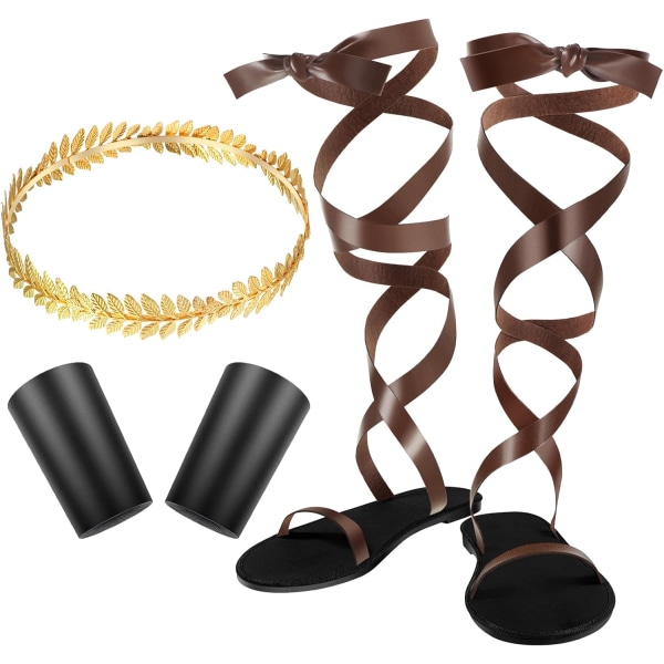INIOR 3 delar Vuxen Toga romerska sandaler Guld lagerhuvudkrans Set Blad Huvudbonad Sandaler Armband f Brun 11 US