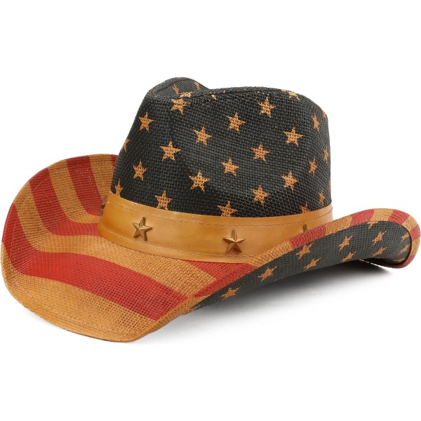 esh Vuxen Sun Straw Western Cowboy Hat Färgad Brun Usa Flagga