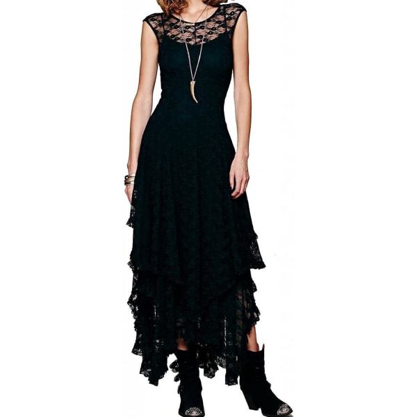 ivimos Dam ärmlös rygglös asymmetrisk skiktad spets lång klänning med underklänning två delar svart liten