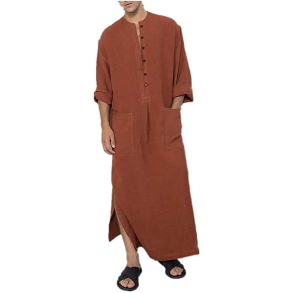 MVA Herr Muslim Klänningar Långärmad Randig Henley Skjortor Kaftan Muslim Lång Klänning Thobe Robe för Män E-brun 3X-Large