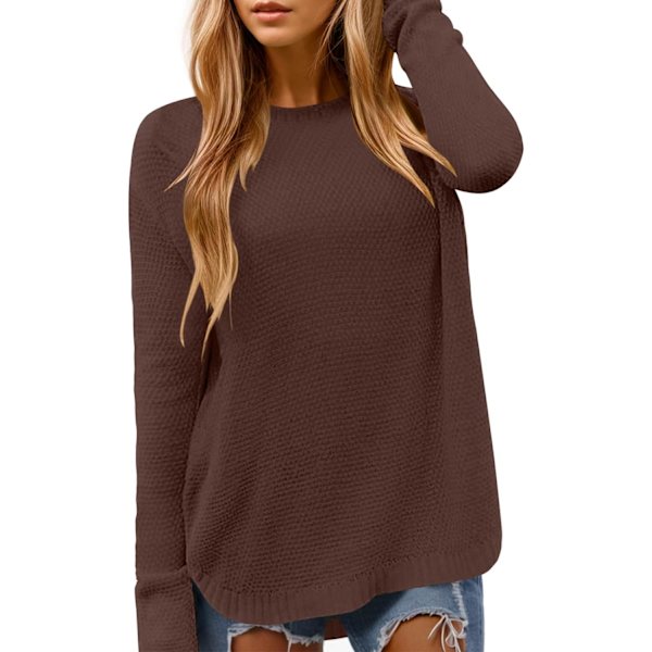 MOON Dam Crewneck Långärmad Stickad Tröja Lös Passform Mjuk Solid Pullover Brun Medium