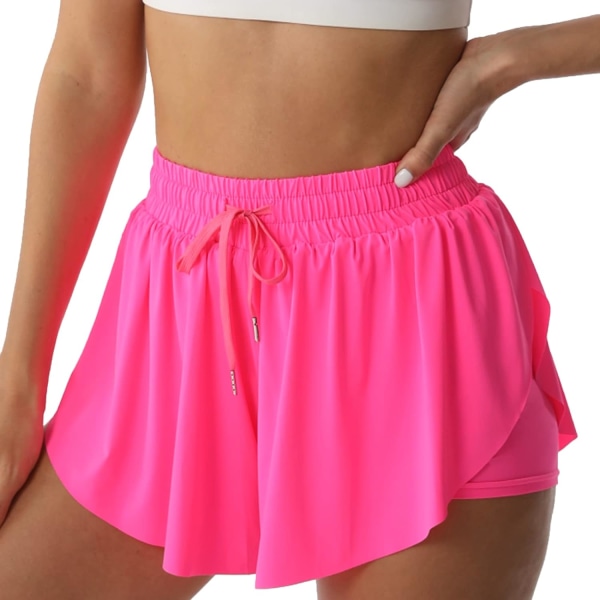 Atletiska shorts för kvinnor löpning tennis Butterfly shorts flickor 2-i-1 dubbellager snabbtorkande bekväma shorts Hot-rosa Large