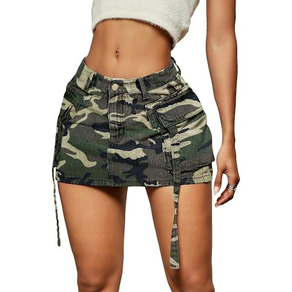 dusa Dam Casual Street Låg Midja Tejp Denim Cargo Minikjol med Flikficka Armégrön Camo X-Large