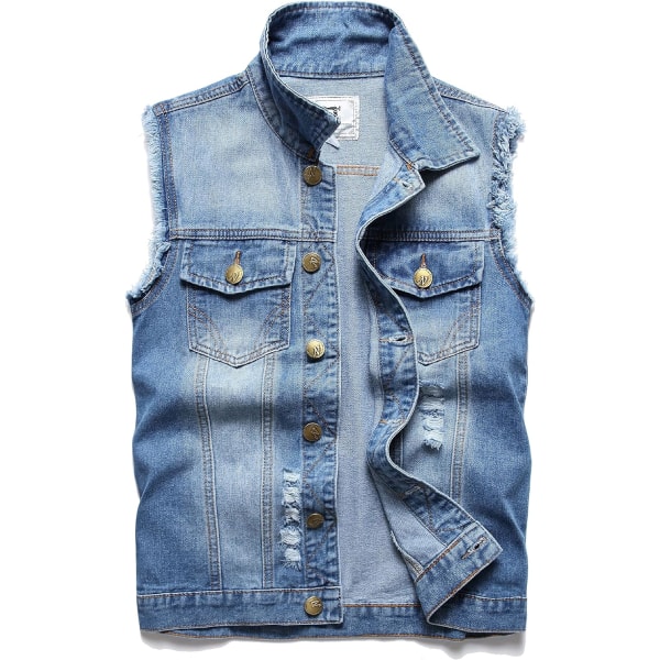 siom herr denimväst, ärmlös jacka slim fit vintage casual ripped sommar jean väst för män ljusblå X-Large