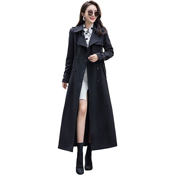 ssy Dam dubbelknäppt damm kappa trenchcoat smal fullängd maxi lång överrock svart X-Large