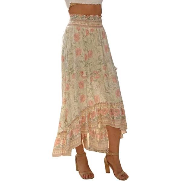 ivimos Dam Floral Print Bomull Ruffled Hög Låg Boho Midi Kjolar Beige X-Large