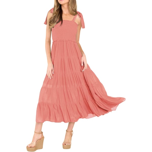 ivimos Dam Sommar Bomull Justerbara Remmar Boho Randig Casual Flowy A Linje Midi Klänning med Ficka Rosa#2 Medium