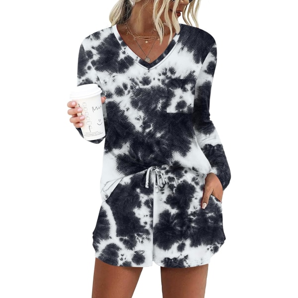 MOON Damkläder Långärmad Lounge Set 2 Delar Söt Kort Pyjamas Set Med Ficka Sovkläder Tie Dye Svart Liten