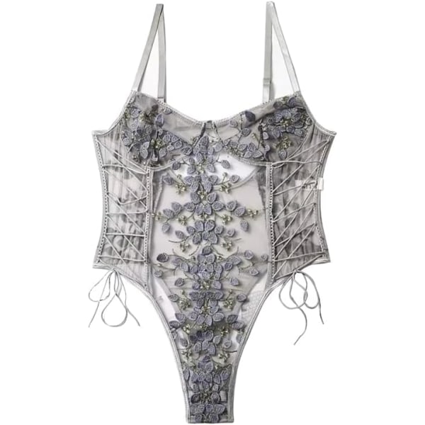 osy Kvinnor Sexig Spets Upp Blommig Broderad Teddy Lingerie Bodysuit Topp Mesh Sheer One Piece Grå 2# X-Large