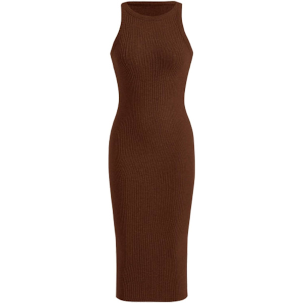 dusa Dam Basic Ribbad Stickad Ärmlös Midi Tank Klänning Crewneck Stickad Bodycon Klänning Kaffe Brun Liten